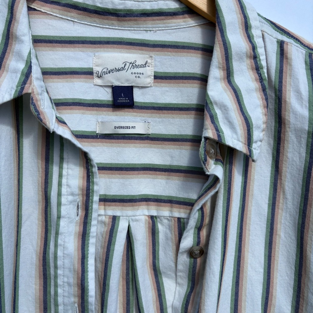 Universal Thread Oversized Striped Button Down Shirt Green Tan White Cotton L